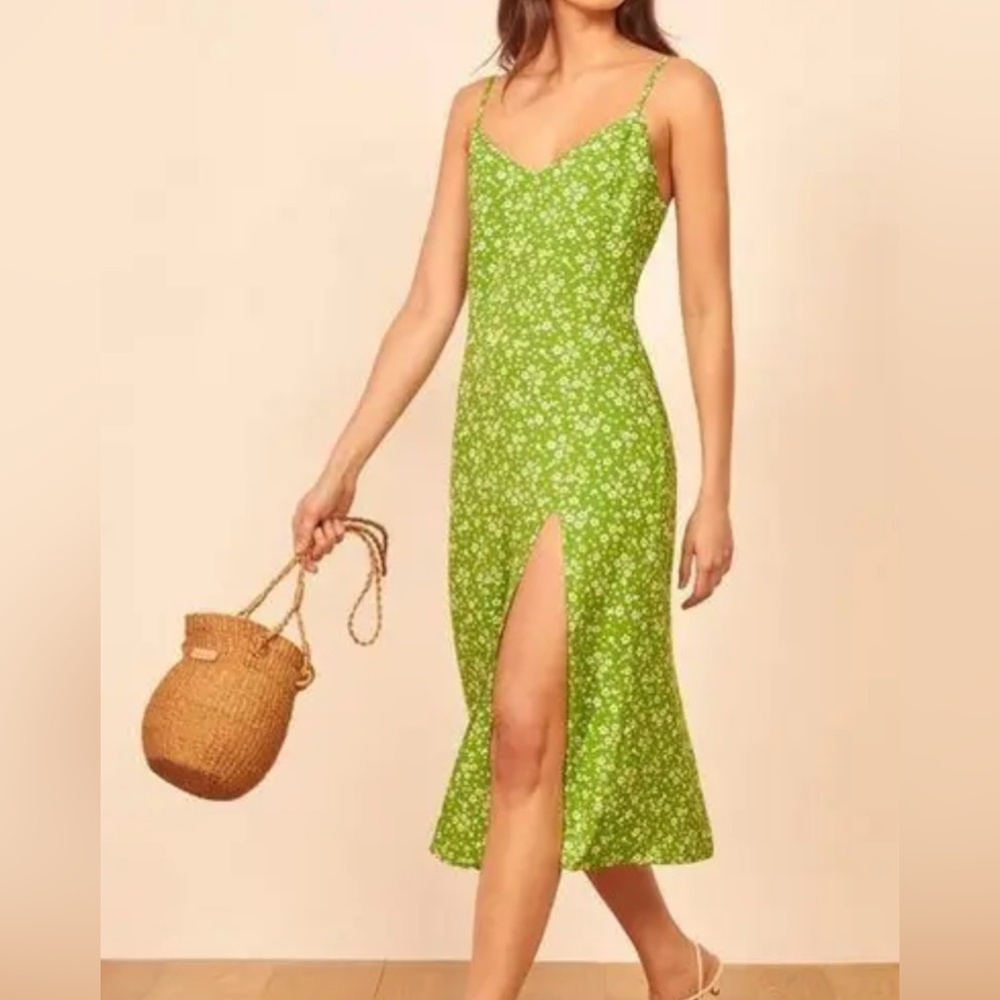 Reformation Cremini Green Floral Midi Dress, Size 0